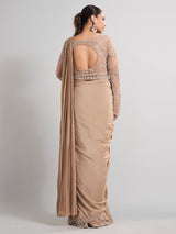 Beige satin silk party wear saree with luxurious embellishments