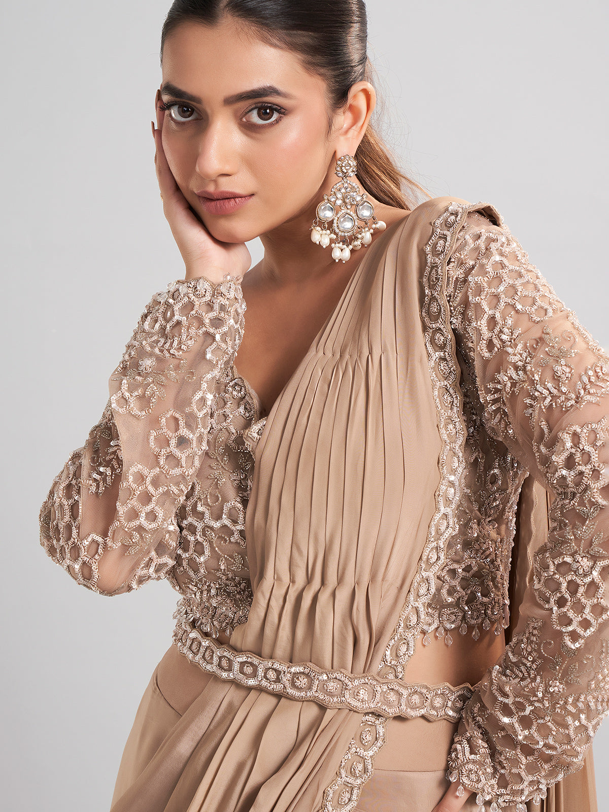 Beige satin silk party wear saree with luxurious embellishments