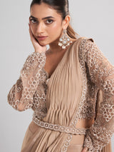 Beige satin silk party wear saree with luxurious embellishments