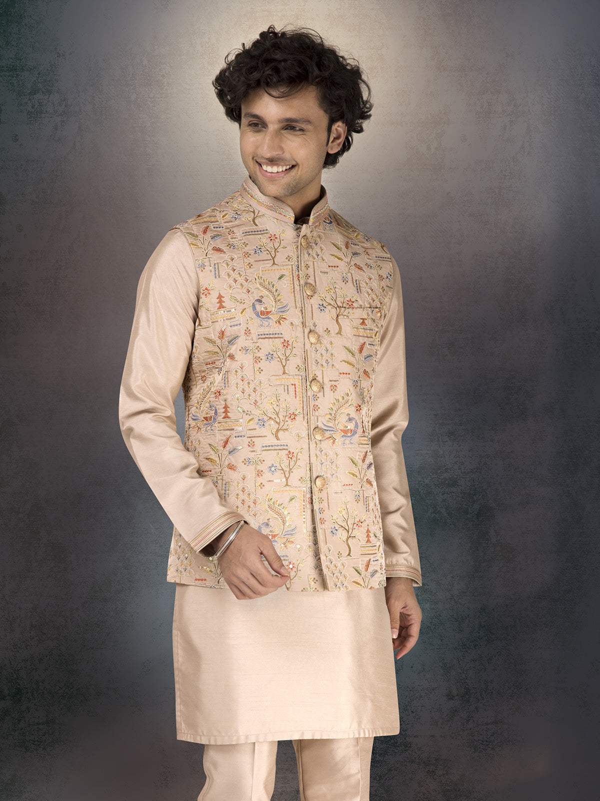 Beige silk waistcoat set with thread and sequins work