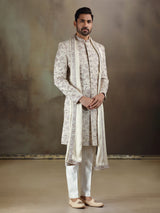 Beige tava silk sherwani with dupatta for mens
