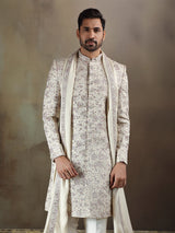 Beige tava silk sherwani with dupatta for mens