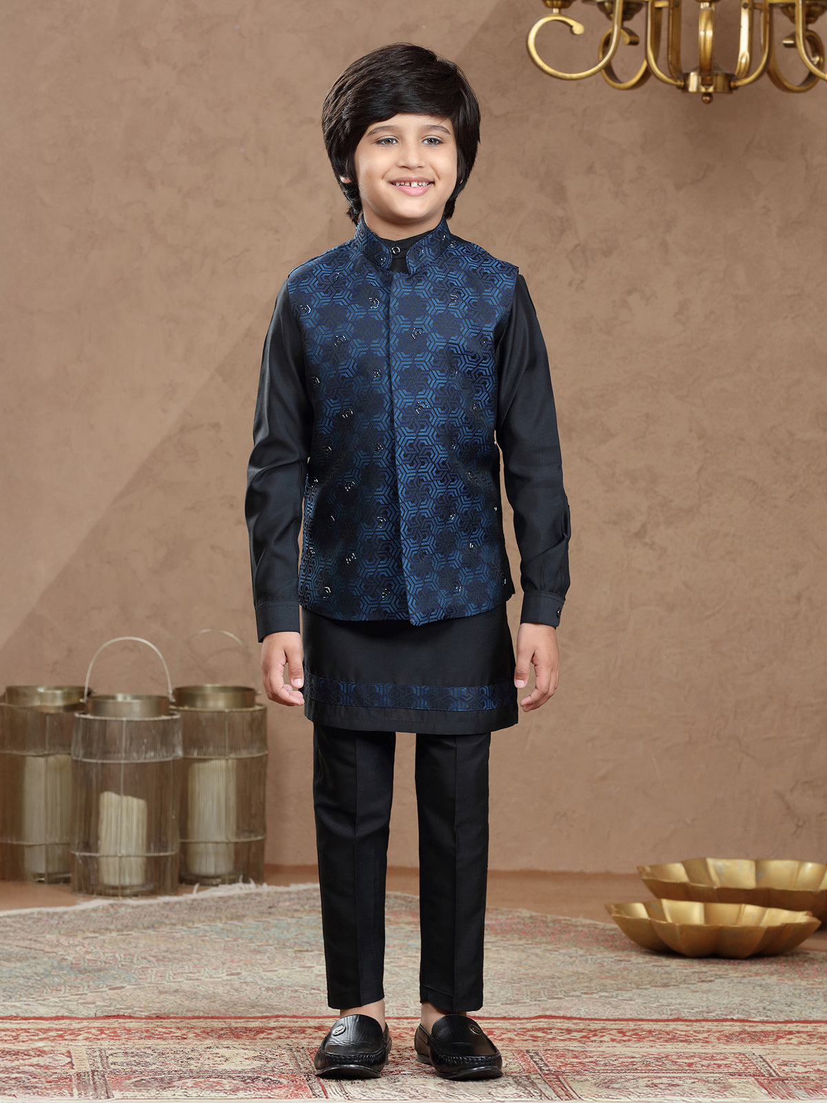 Black and blue brocade party wear waistcoat set