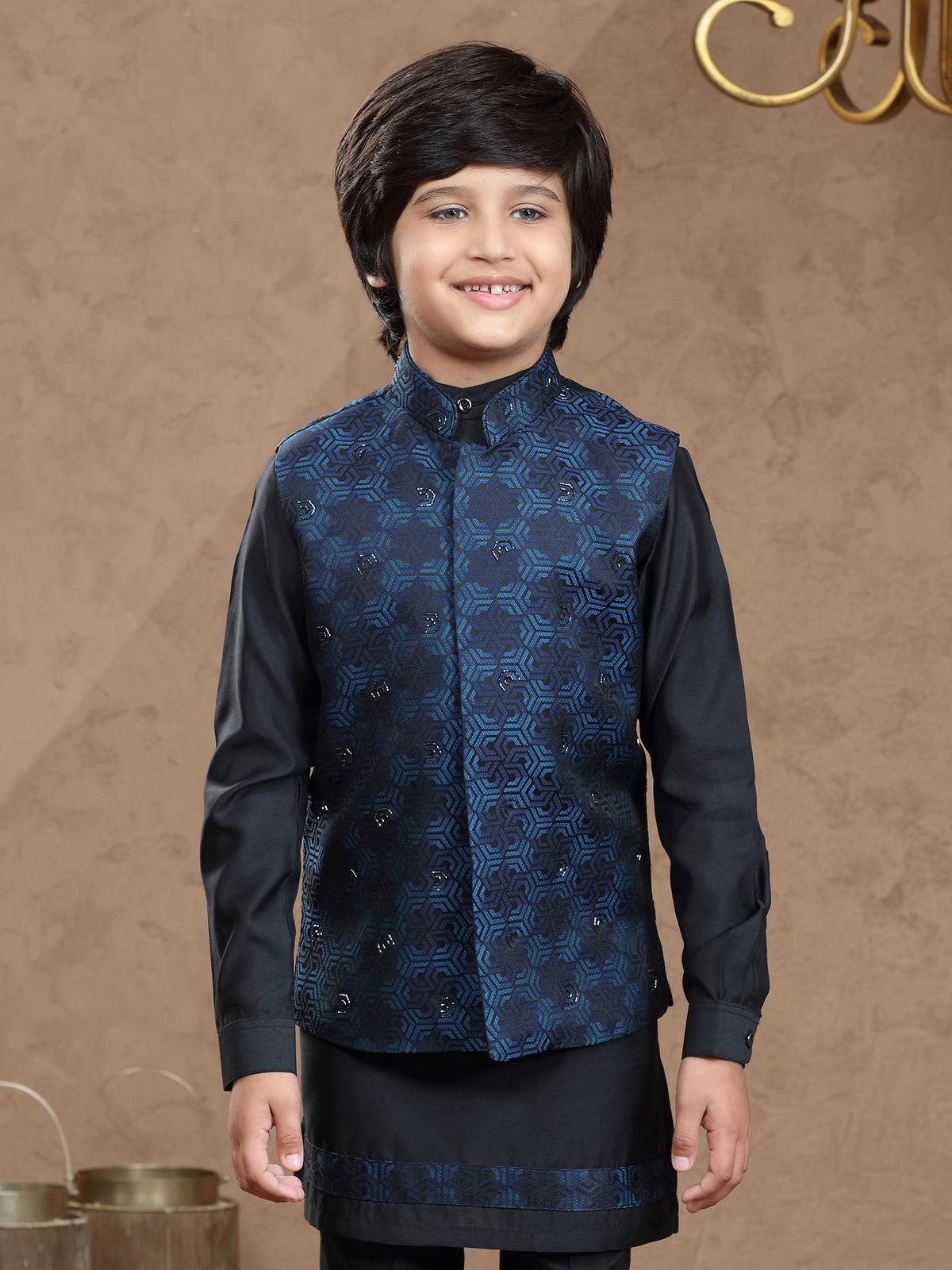 Black and blue brocade party wear waistcoat set