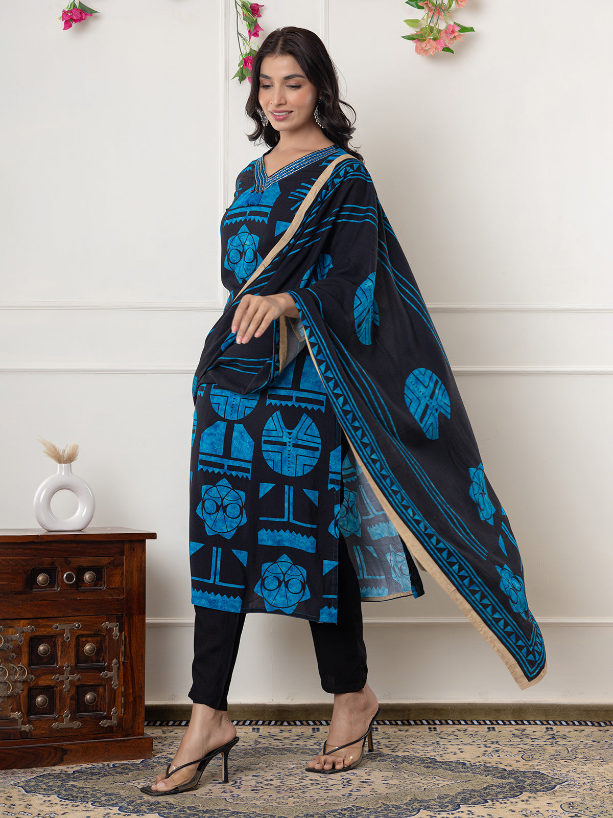 Black and blue printed silk kurti set