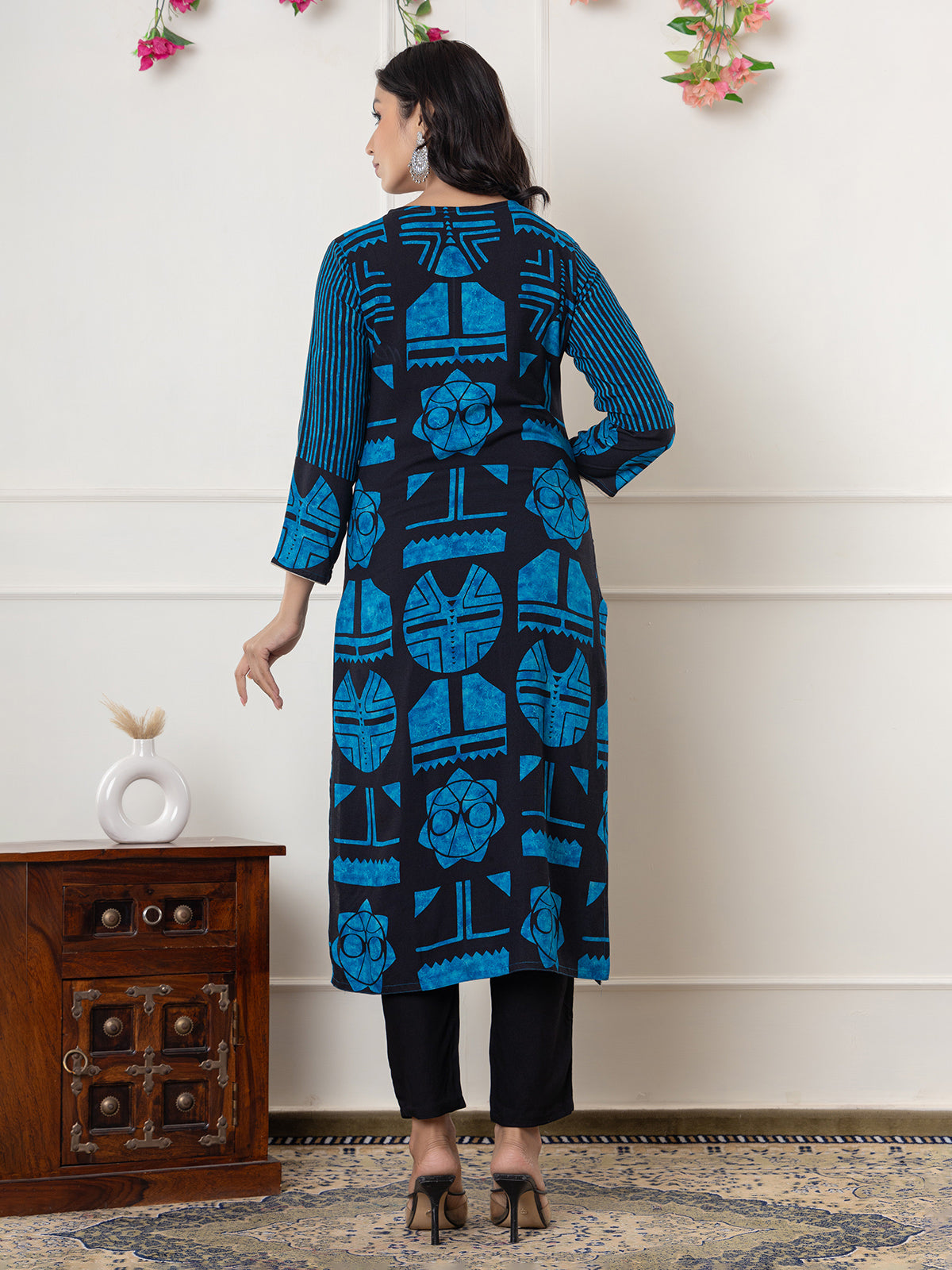 Black and blue printed silk kurti set