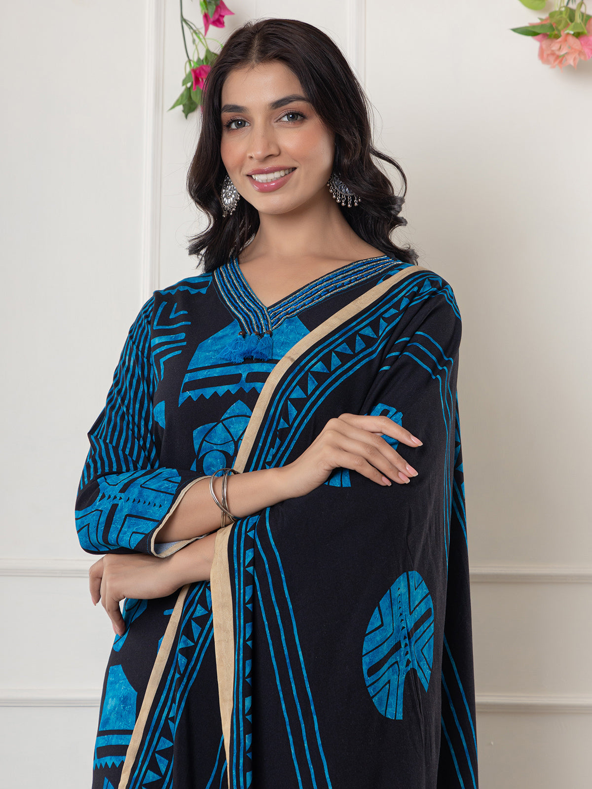 Black and blue printed silk kurti set