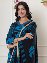 Black and blue printed silk kurti set