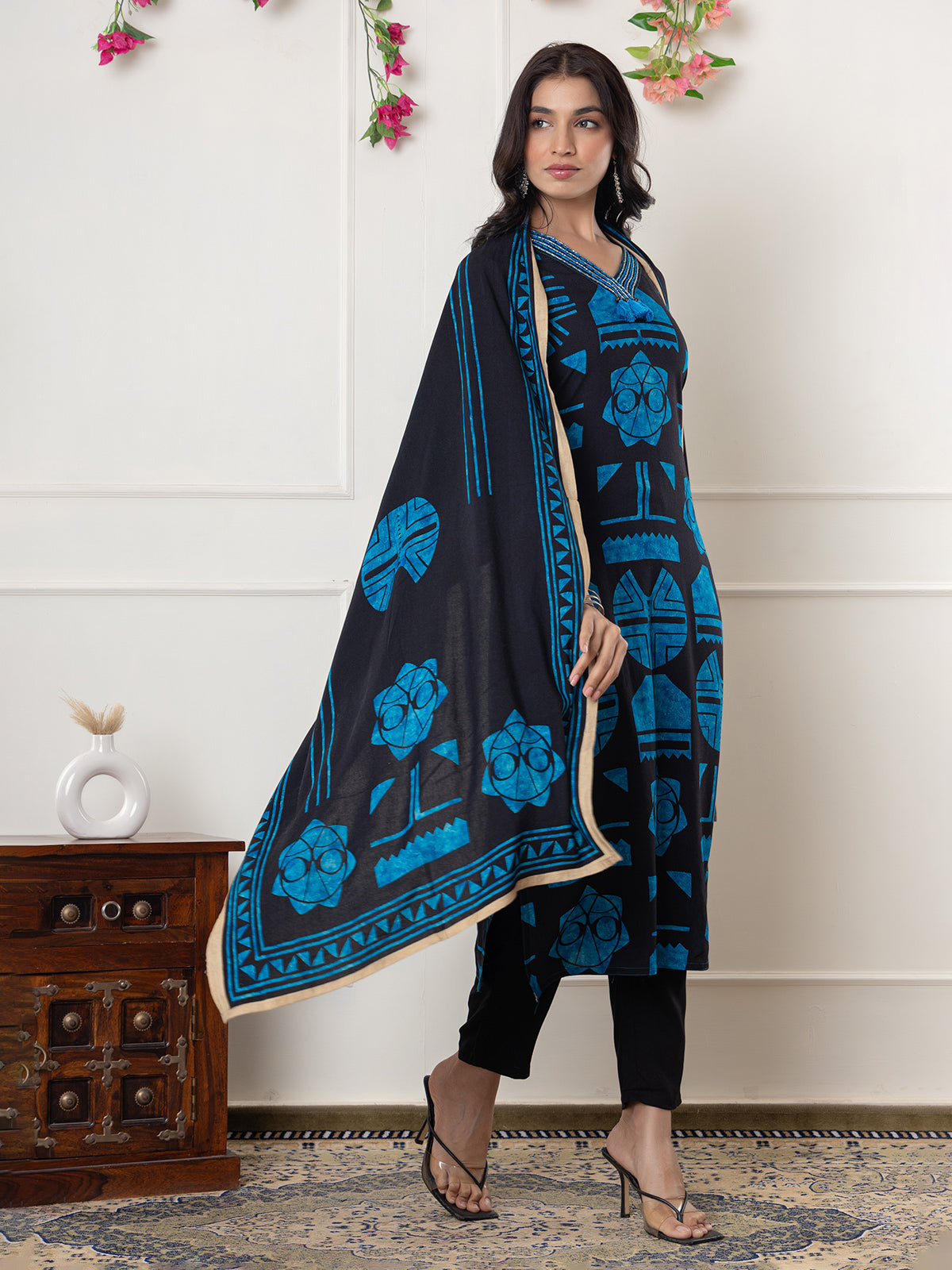 Black and blue printed silk kurti set