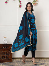 Black and blue printed silk kurti set