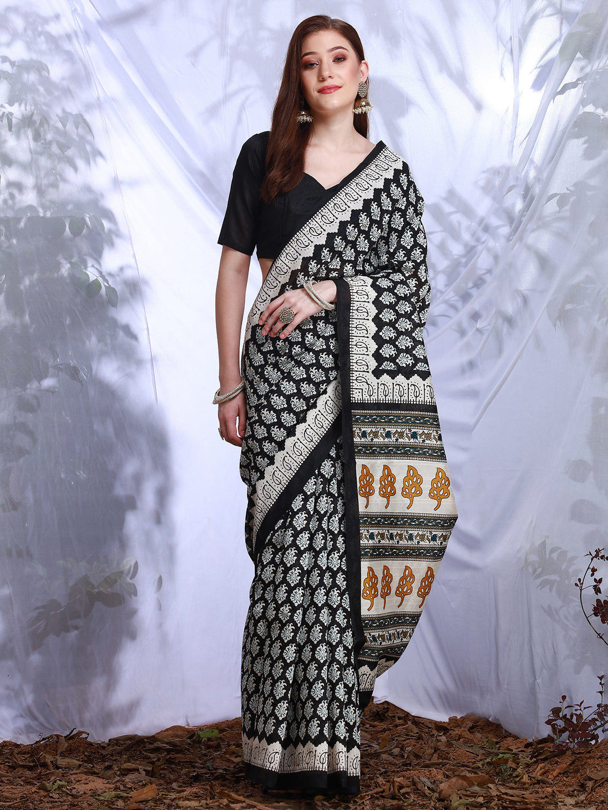 Black and white printed bhagalpuri silk saree for women