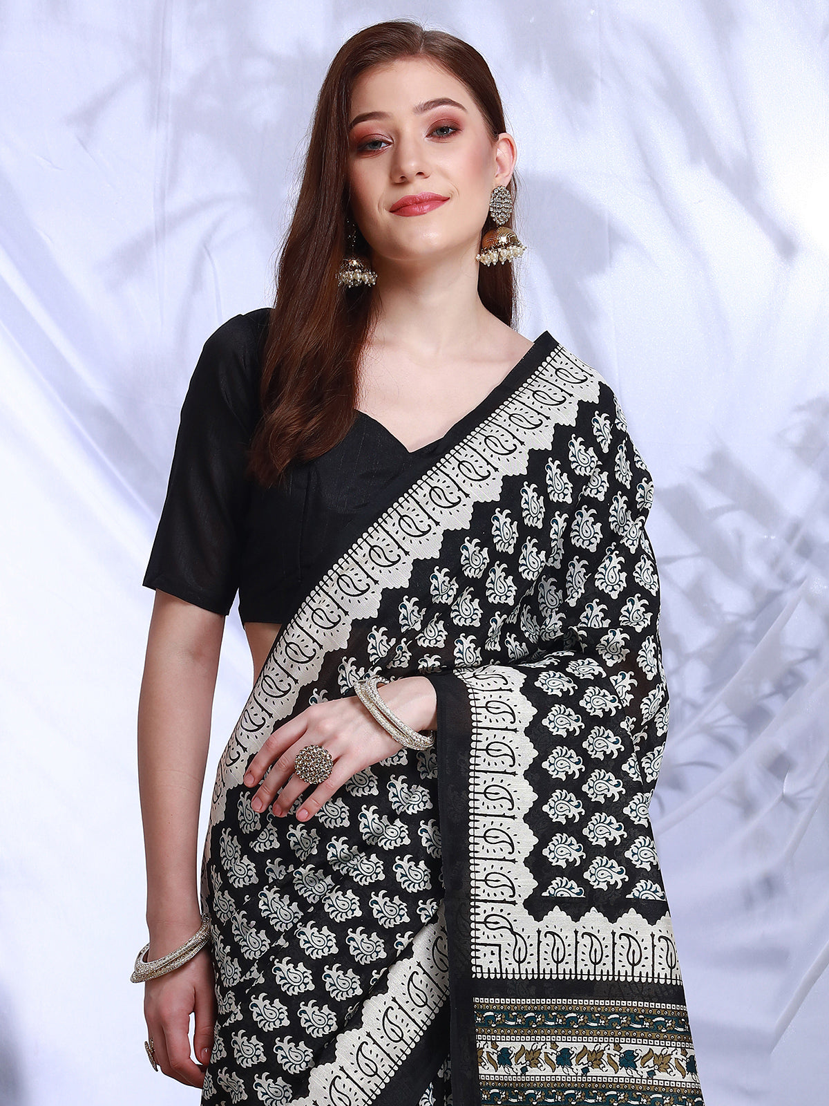 Black and white printed bhagalpuri silk saree for women