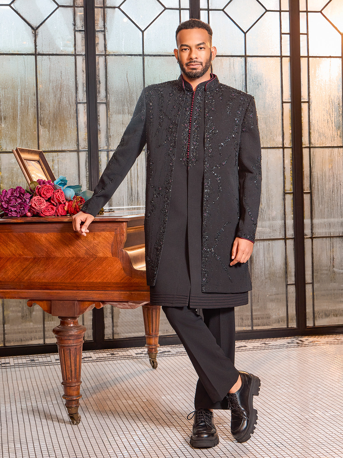 Black art silk beaded stone work indo western jacket