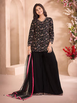 Black cotton silk mirror work palazzo salwar suit