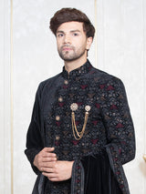 Black embroidery velvet indowestern