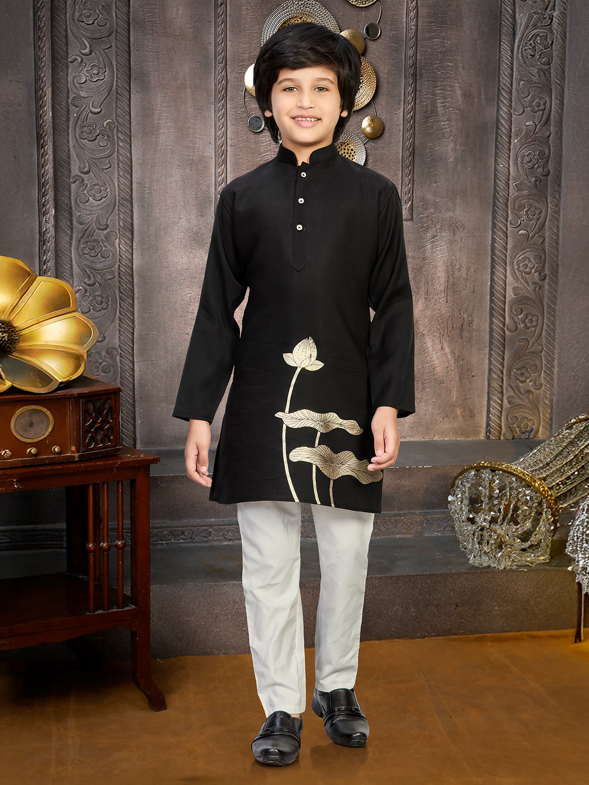 Black festive wear boys kurta suit in cotton