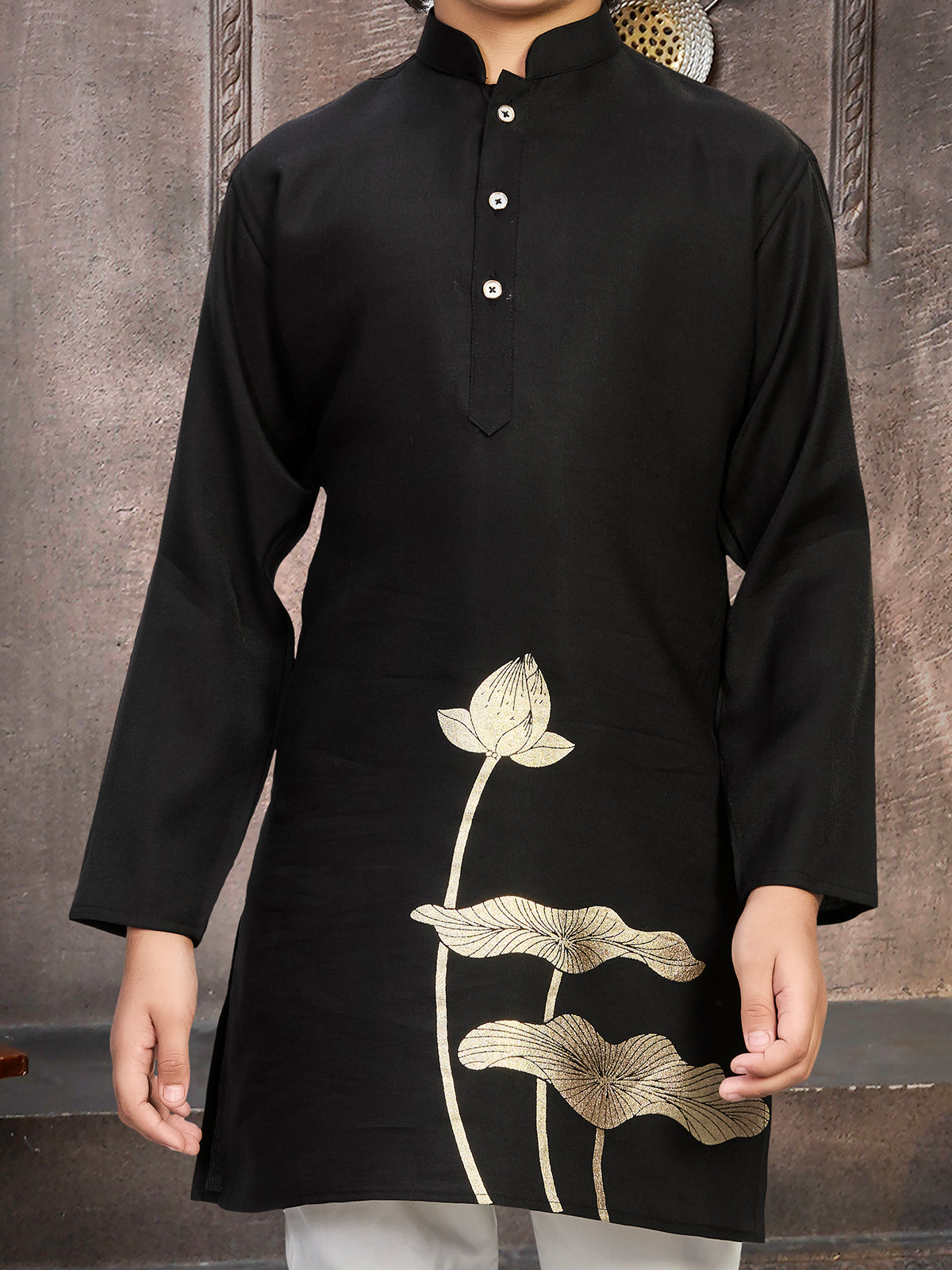 Black festive wear boys kurta suit in cotton