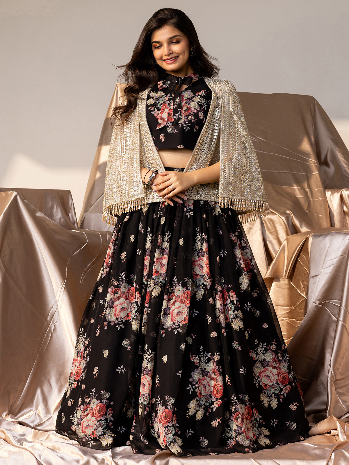 Black georgette lehenga choli with print