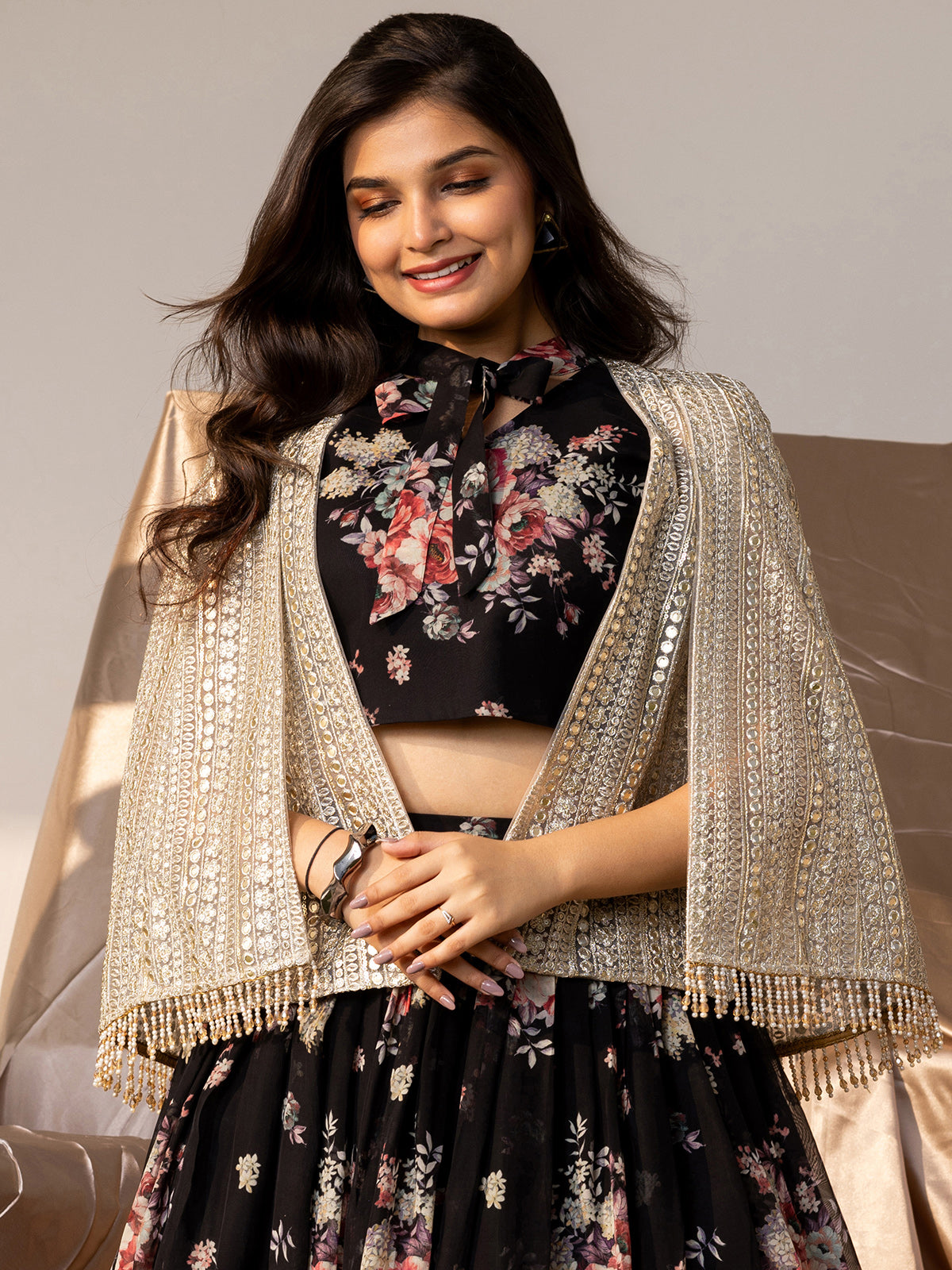 Black georgette lehenga choli with print