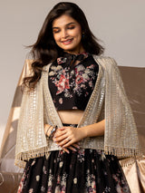 Black georgette lehenga choli with print