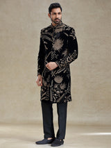 Black golden zardosi worked velvet long sherwani for men