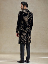 Black golden zardosi worked velvet long sherwani for men