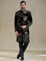 Black golden zardosi worked velvet long sherwani for men