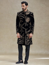 Black golden zardosi worked velvet long sherwani for men