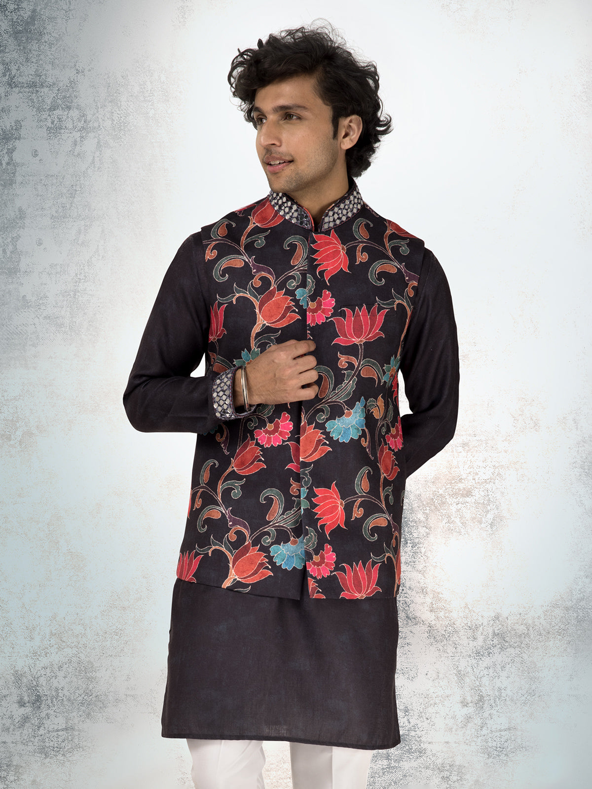Black linen cotton printed waistcoat set with aabla detail