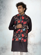Black linen cotton printed waistcoat set with aabla detail