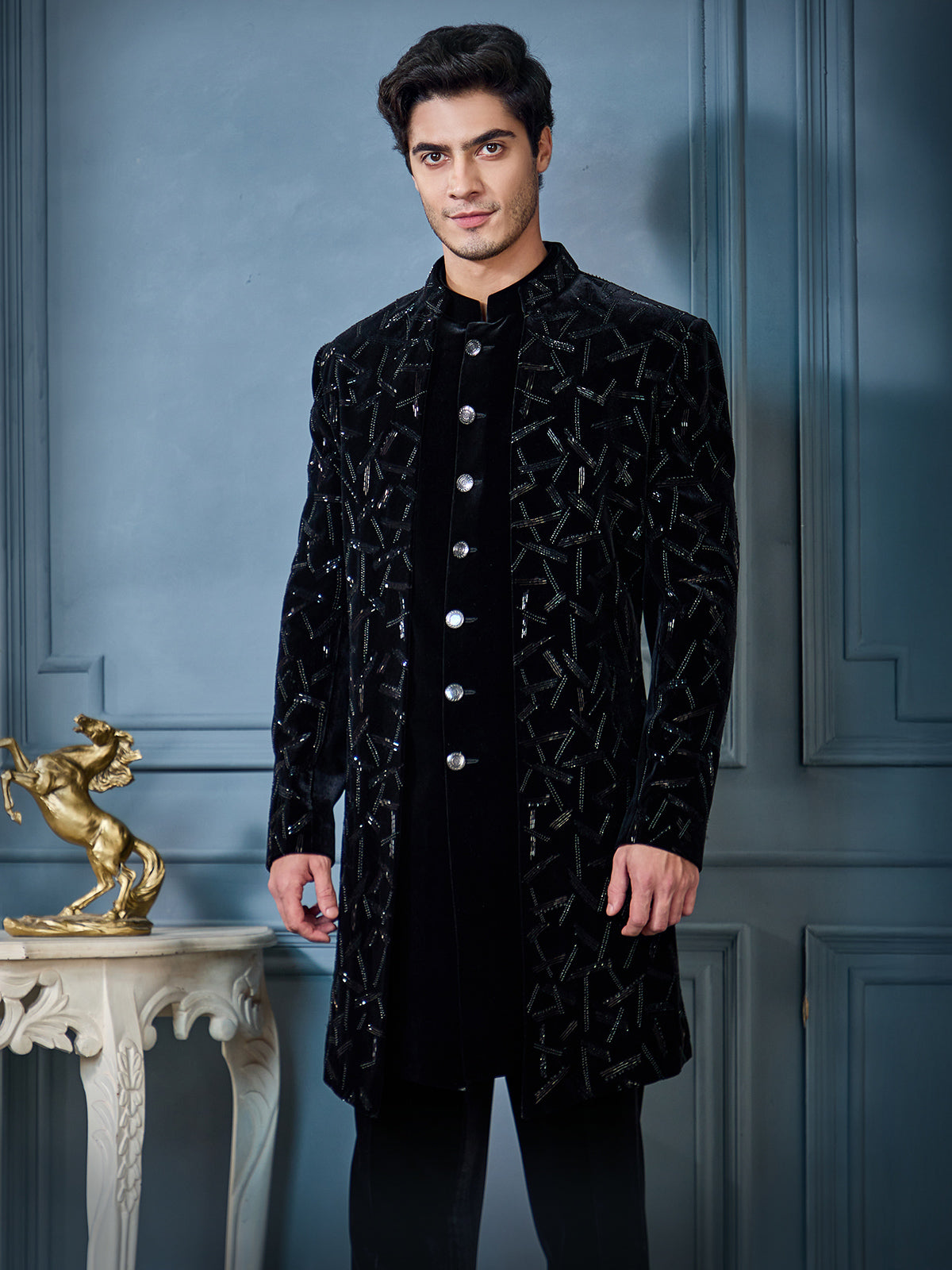 Black open long indo western in velvet fabric