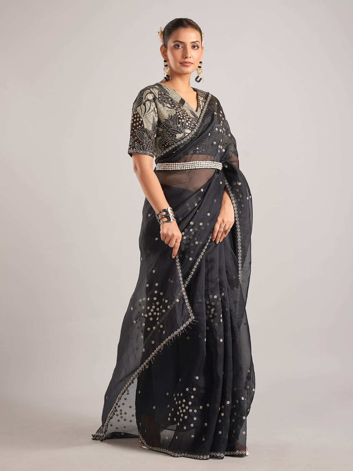 Black organza saree with ready made blouse