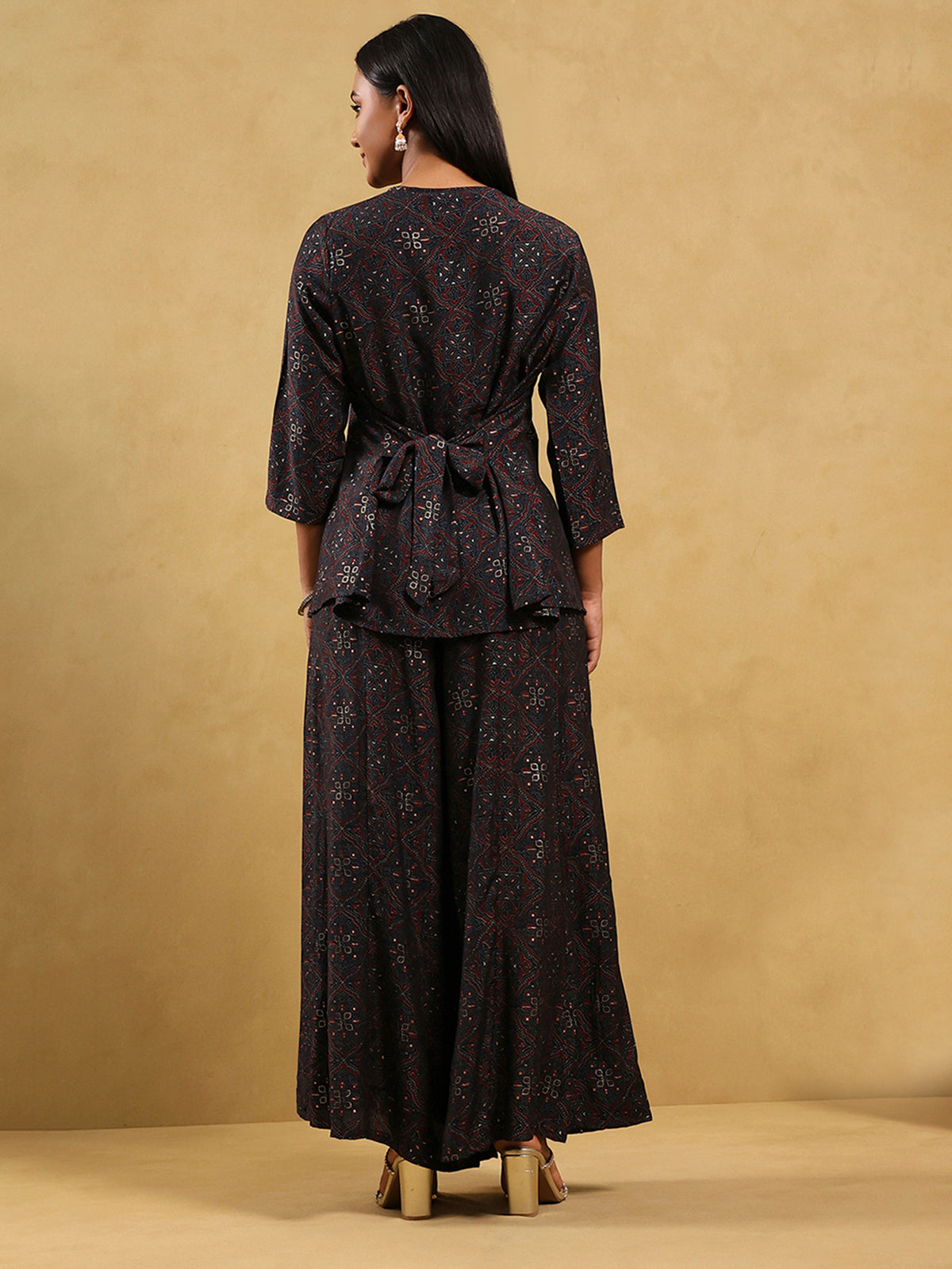 Black printed cotton silk kurti set with palazzo