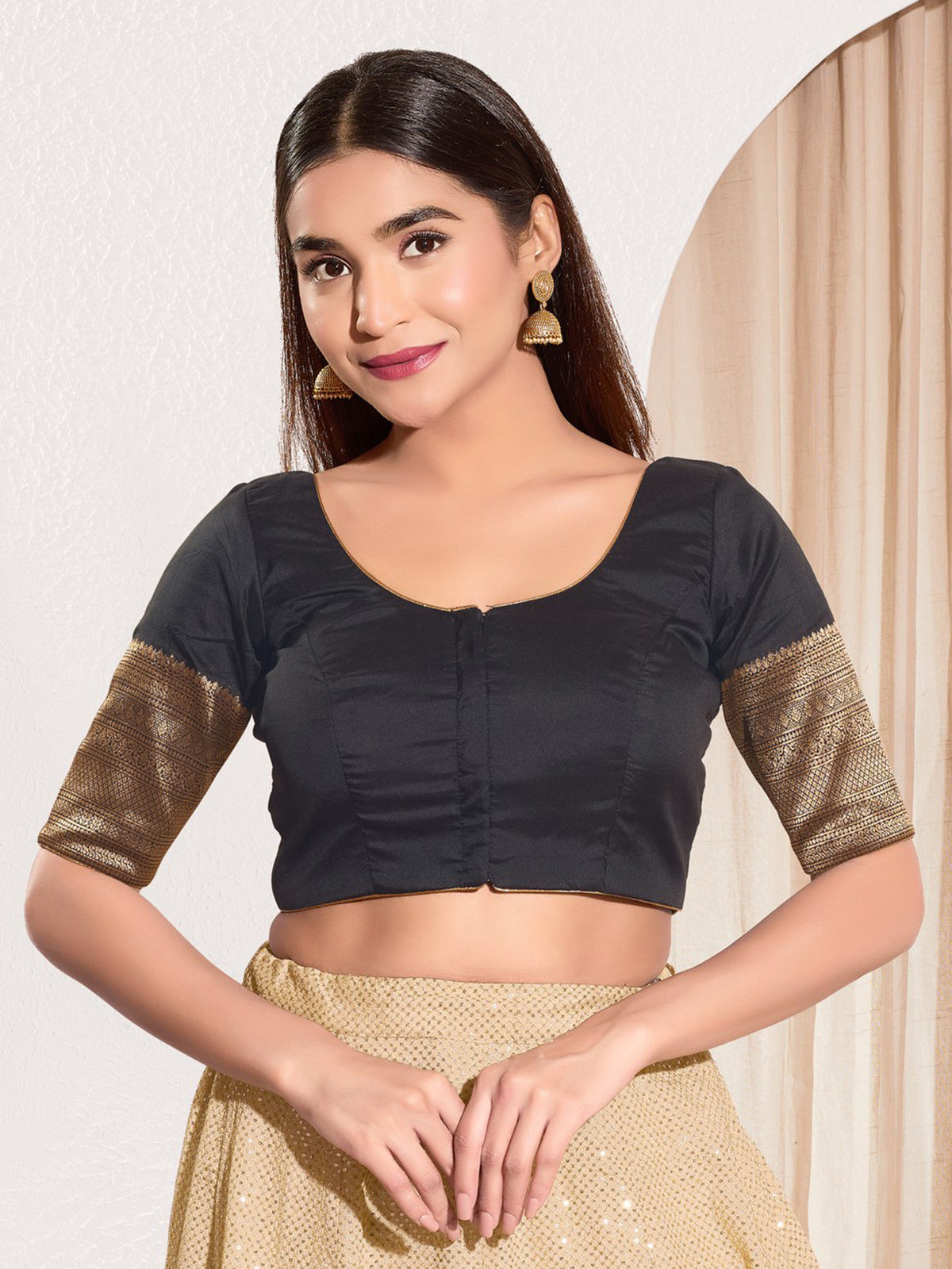 Black ready made blouse in silk in zari weaving for women