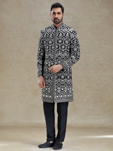 Black rich worked velvet long sherwani for men