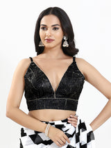 Black satin crush v neck sleeveless blouse
