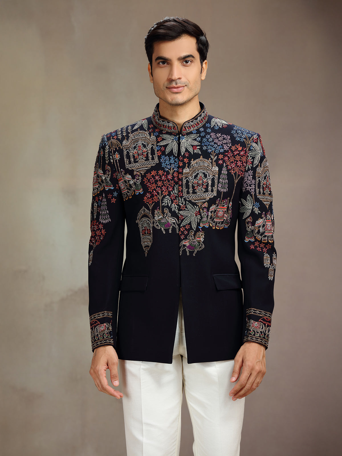 Black silk embellished jodhpuri suit