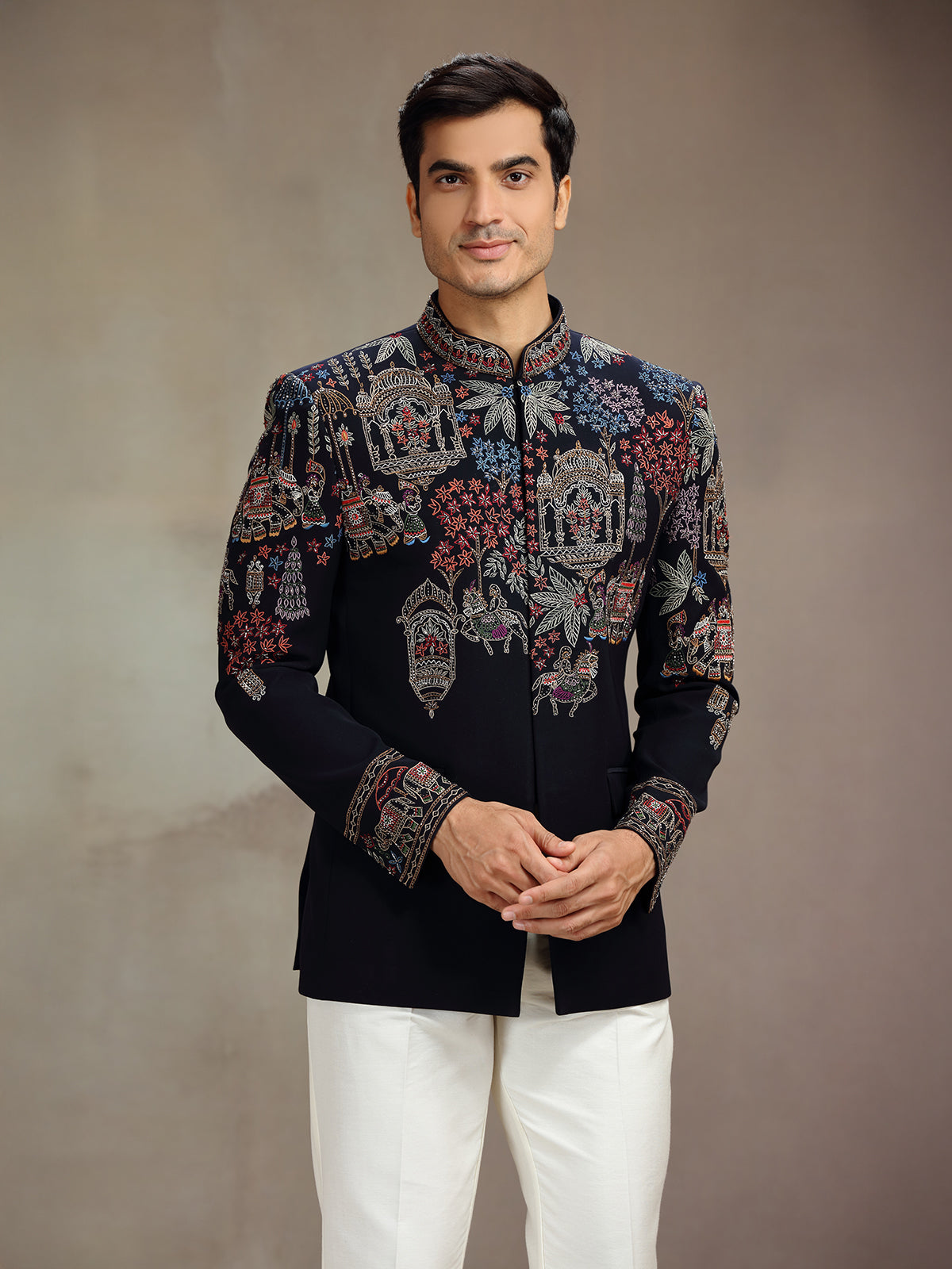 Black silk embellished jodhpuri suit