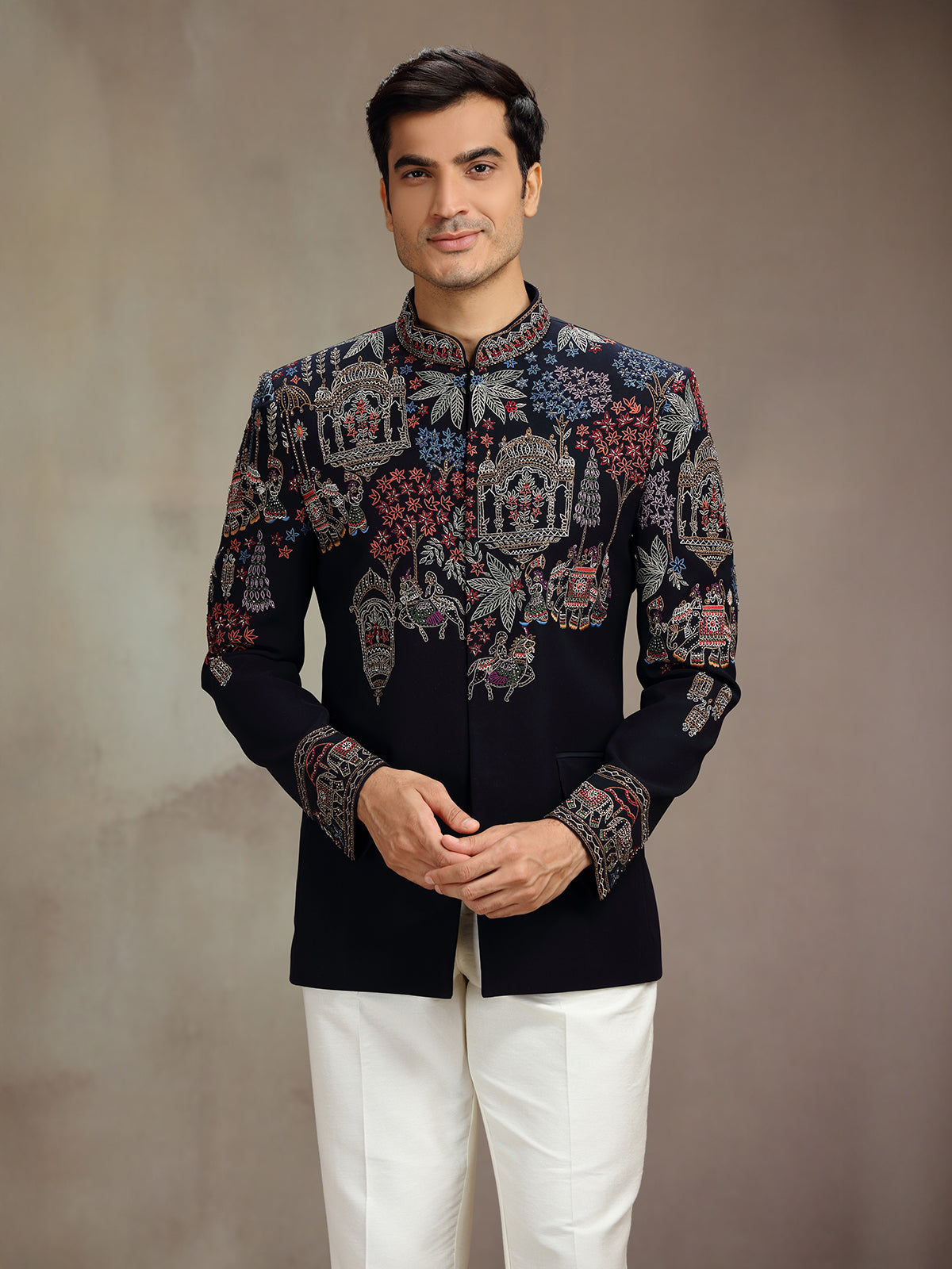Black silk embellished jodhpuri suit