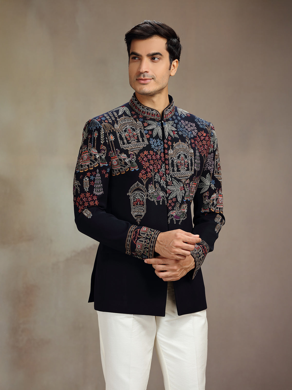 Black silk embellished jodhpuri suit