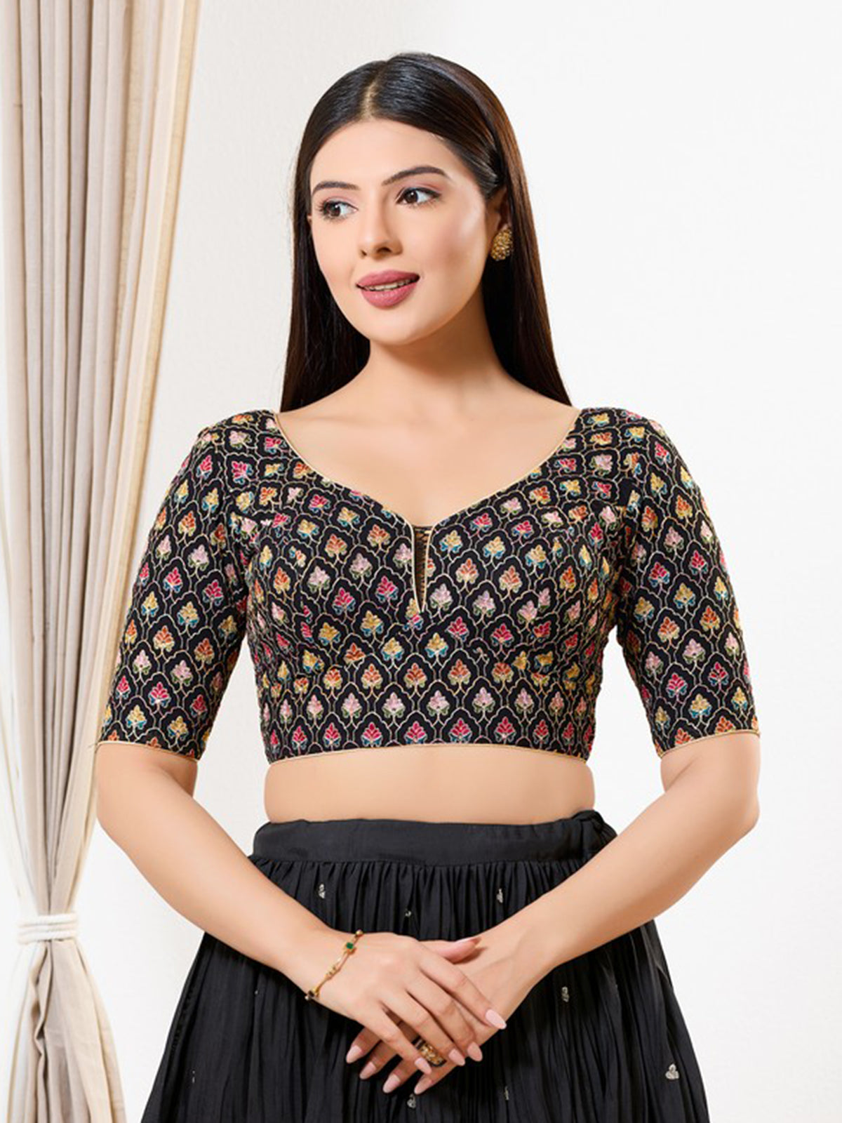 Black silk embroidered sweetheart neck elbow sleeve blouse