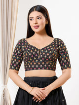 Black silk embroidered sweetheart neck elbow sleeve blouse