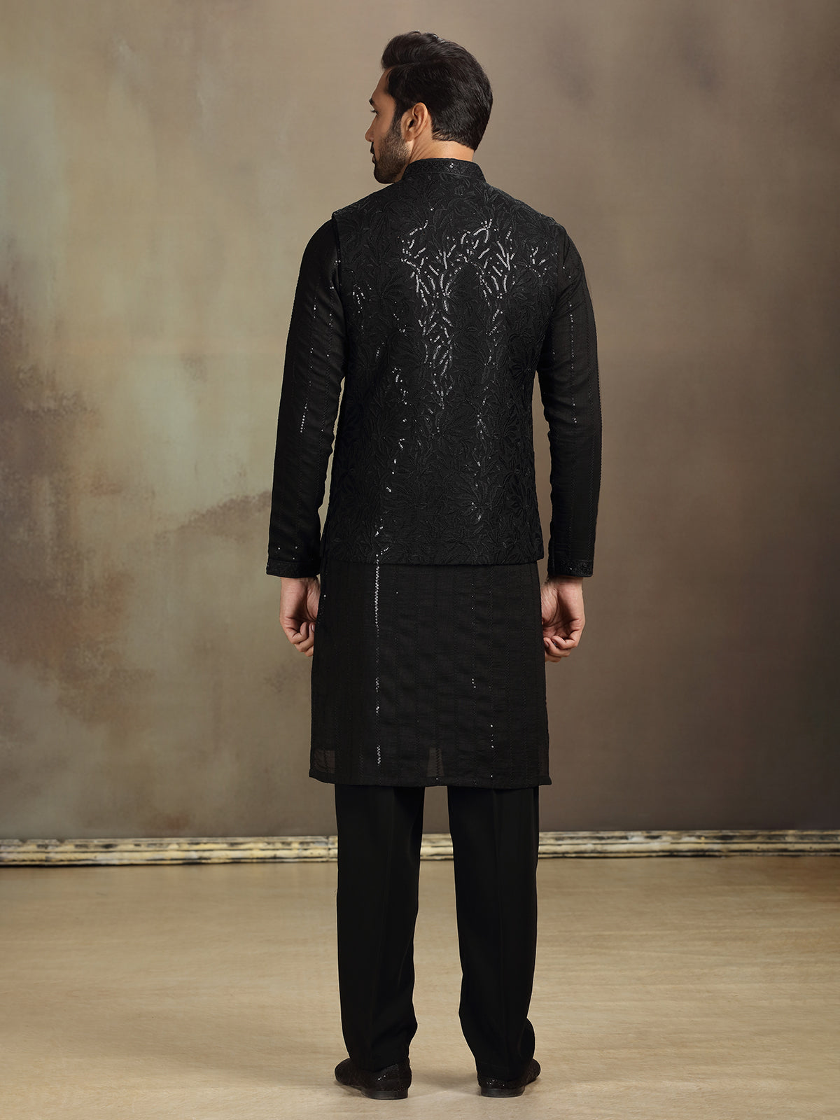 Black silk sequin waistcoat set for men