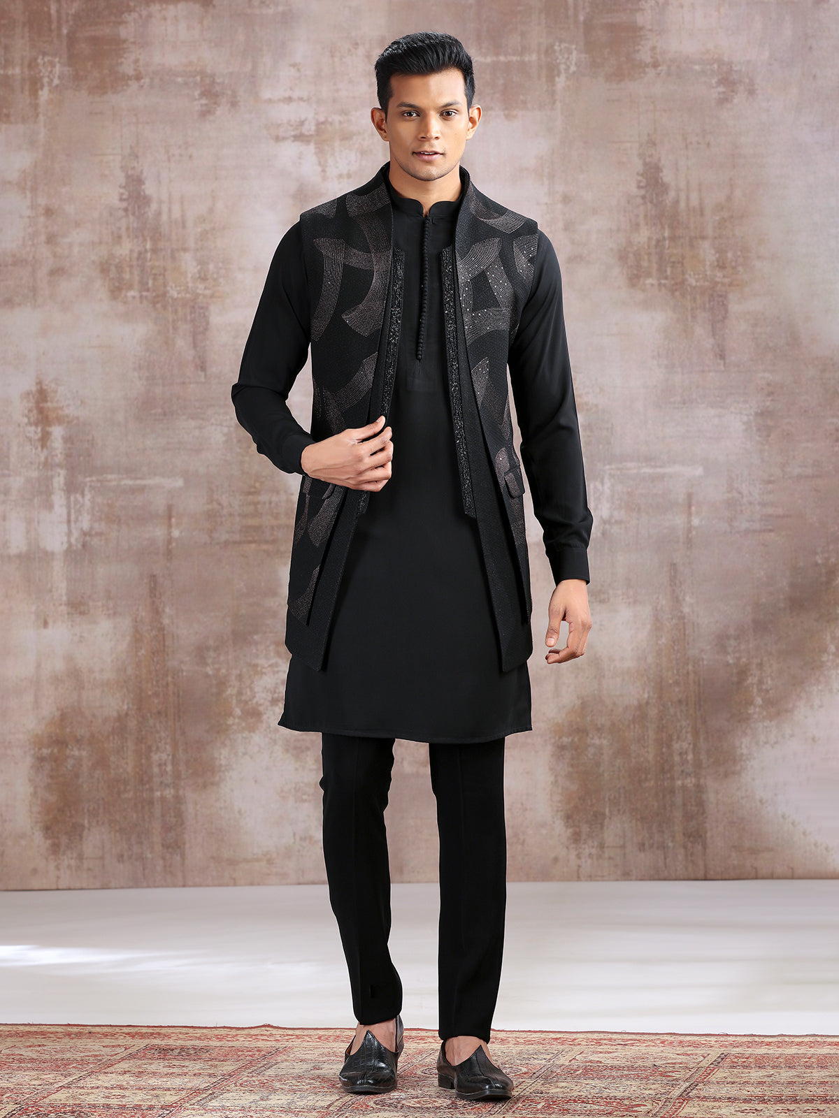Black silk waistcoat set with resham work
