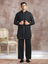 Black silk waistcoat set with thread work