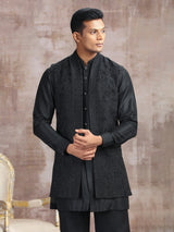 Black silk waistcoat set with thread work