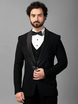 Black terry rayon embellished coat suit