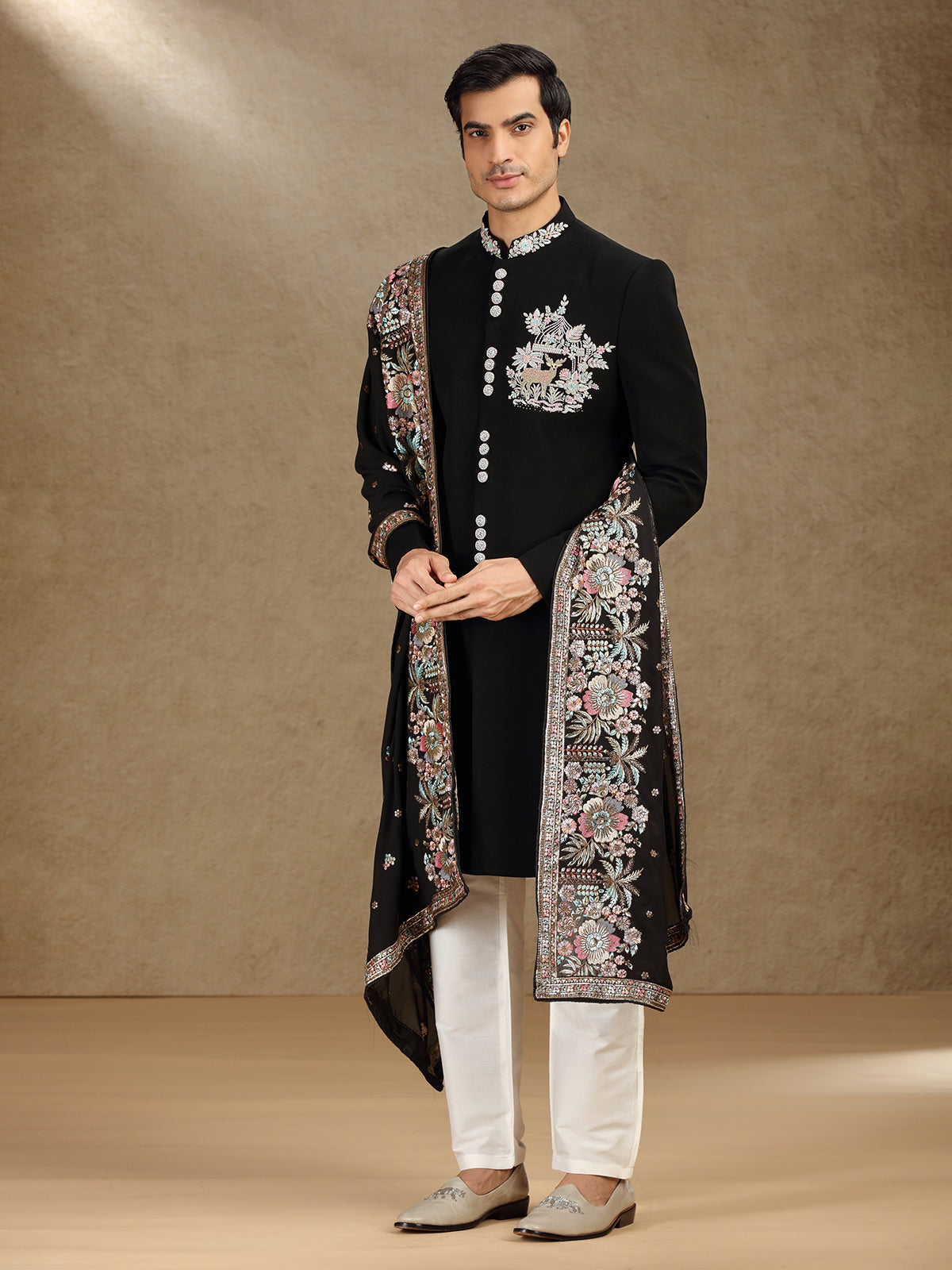 Black terry rayon indo western with dupatta for mens