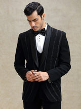 Black terry rayon tuxedo suit in crystal work
