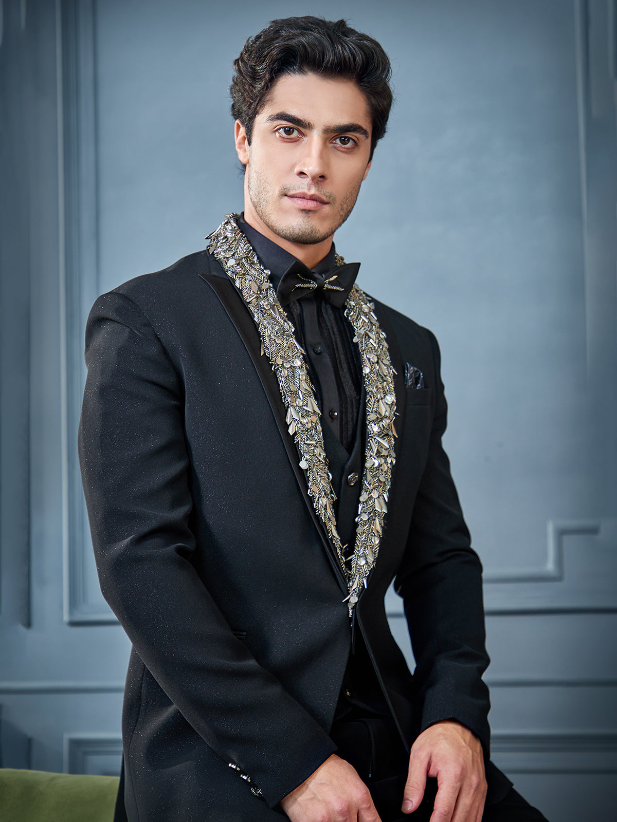 Black terry rayon zari weaved tuxedo suit